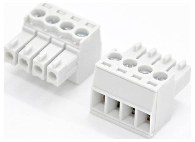 Two white electrical wire terminal connectors with screw openings and three wire ports each, shown on a white background.