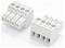 Two white electrical wire terminal connectors with screw openings and three wire ports each, shown on a white background.