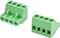 Two green 4-position terminal block connectors, shown from front and angled side, with screw-wire openings for electrical wiring.