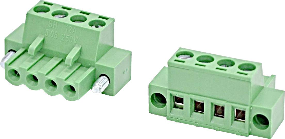 Two green electrical terminal block connectors with screw terminals, shown from angled side views on a white background.