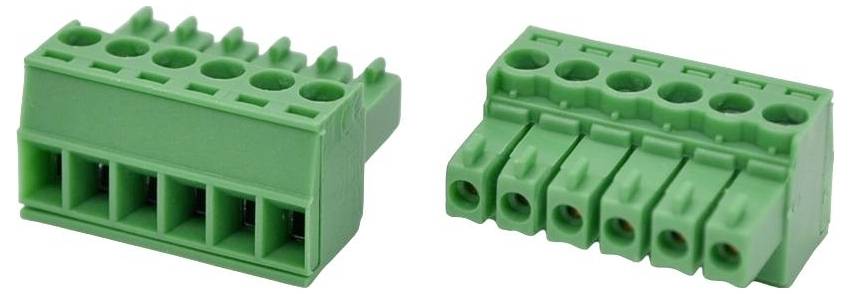 Two green pluggable terminal block connectors, one angled and one straight, with screw openings for wiring.
