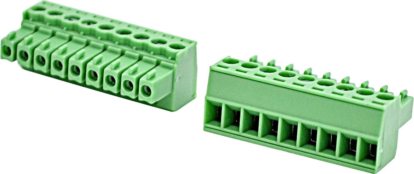 Two green pluggable terminal block connectors shown at an angle on a white background.