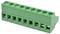 Green multi-pin screw terminal connector block with seven wire entry holes and side-mounted pin sockets<br>