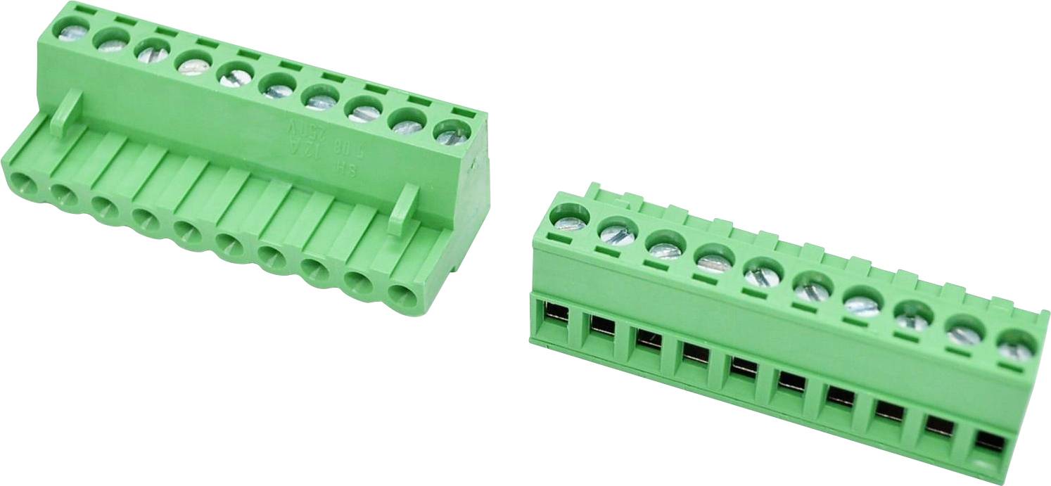 Two green screw terminal blocks shown at an angle, with multiple wire-entry openings on top and front connector ports.