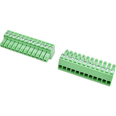 Two green screw terminal blocks shown at angles on a white background, one angled left and one right, with multiple wire connection slots and screw openings.