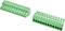 Two green screw terminal blocks shown at angles on a white background, one angled left and one right, with multiple wire connection slots and screw openings.