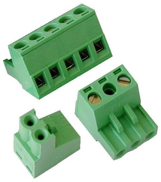 Three green electrical terminal blocks/connectors shown on a white background, each with screw openings for wire connections.