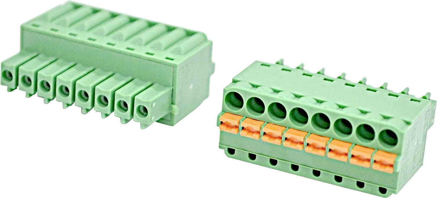 Two green electrical terminal block connectors, one angled front view and one side view showing orange spring clamps and screw openings.