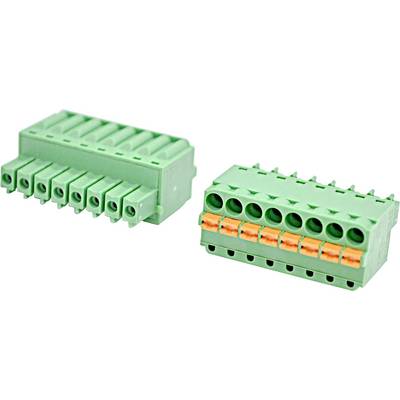 Two green electrical terminal block connectors, one angled front view and one side view showing orange spring clamps and screw openings.