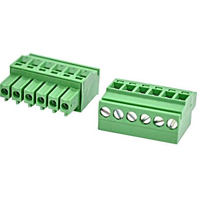 Two green detachable electrical terminal block connectors with six screw terminals, shown side by side on a white background.