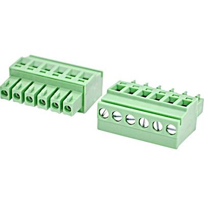 Two green electrical terminal block connectors with screw and plug openings, shown on a white background.