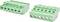 Two green electrical connector terminal blocks shown in perspective, one with five circular wire ports and one with five screw terminals.