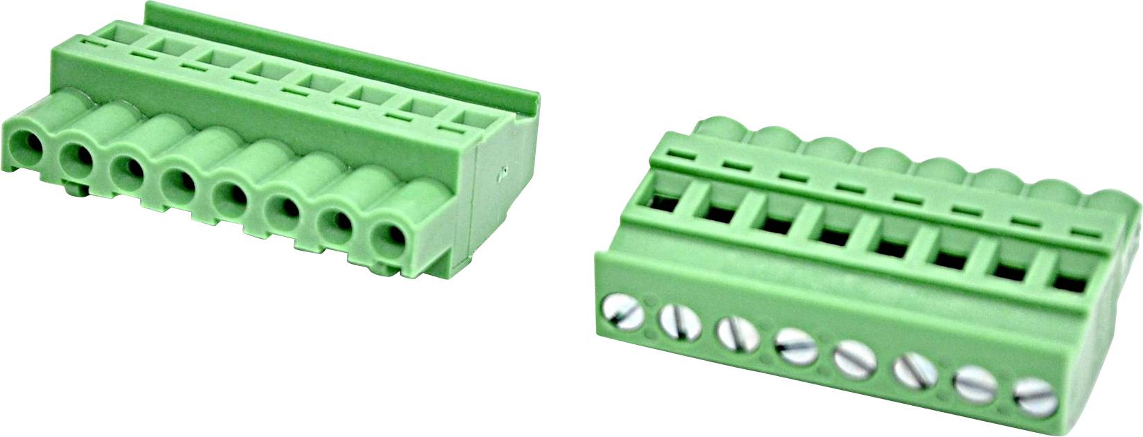 Two green screw terminal blocks shown at an angle, with multiple wire ports and screw openings, isolated on a white background.