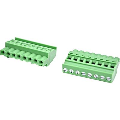 Two green screw terminal blocks shown at an angle, with multiple wire ports and screw openings, isolated on a white background.