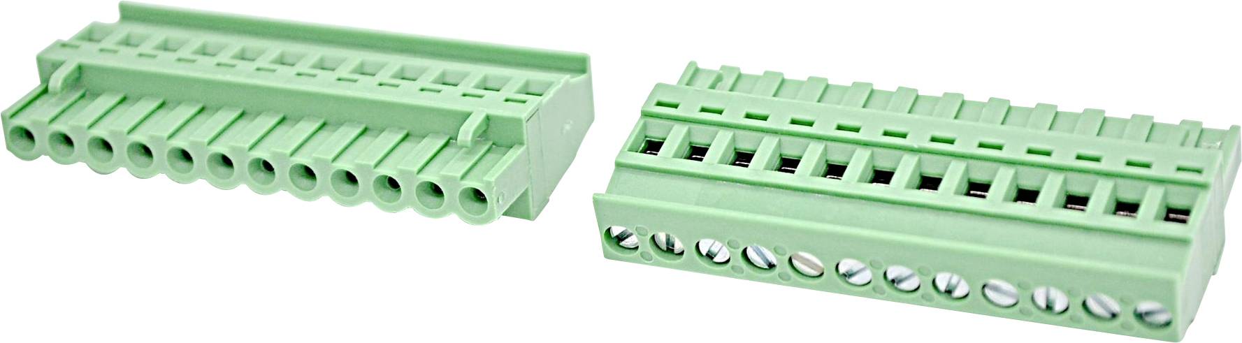 Two green multi-pin electrical terminal block connectors on a white background.
