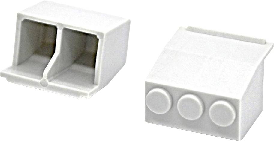 White plastic electrical connector housing shown from two angles, with dual internal slots and three circular front terminals.