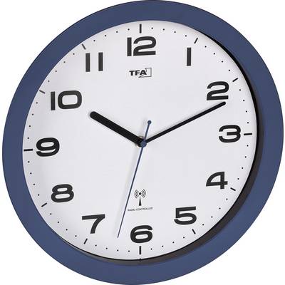 Blue wall clock showing about 10:10, with black numbers and hands and a 'radio controlled' label.<br>