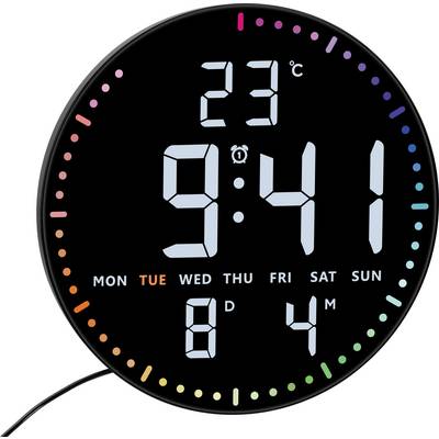 Round digital clock display showing 9:41, 23°C, Monday, 8D and 4M, with a multicolor dot ring and a power cord.