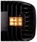 Close-up of a black air vent or grille with a small amber light glowing at the center.
