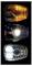 Three stacked vehicle headlight assemblies shown on a black background, comparing different light patterns: amber turn signals, bright white beam, and white LED lights.