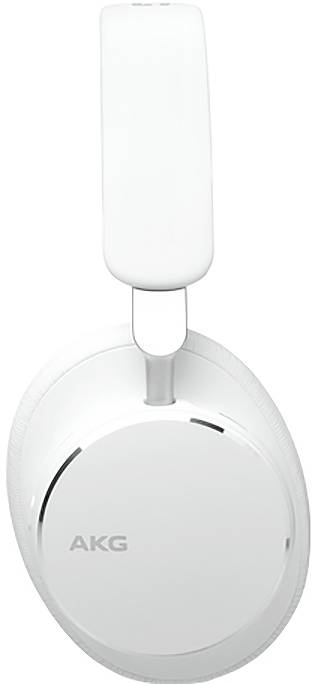 White AKG over-ear headphones with a large circular earcup and padded headband, shown front view on a plain background.