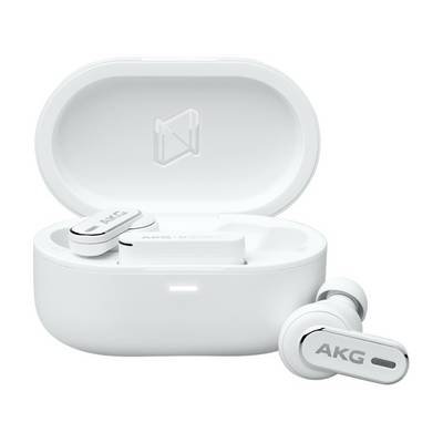 White AKG wireless earbuds in an open charging case, shown with one earbud outside the case on a plain background.