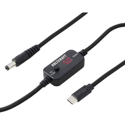 Inline Voltcraft USB power meter on braided cable, with red digital display showing 5.0 and input label, between USB-C connectors.<br>