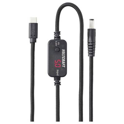 USB-C to DC power cable with inline voltage display showing 5.0, branded VOLTCRAFT, with USB-C plug and barrel connector ends