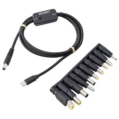USB-C to laptop charging cable with a 9-connector adapter set, shown with multiple interchangeable power tips and a Voltage label on the inline module.