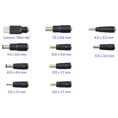 Comparison chart of Lenovo 'Slim-tip' laptop power connectors, showing multiple barrel plug sizes labeled by dimensions.