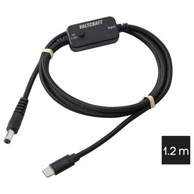 1.2 m VOLTCRAFT USB-C charging cable with inline PD 5-20V module and barrel connector on white background.