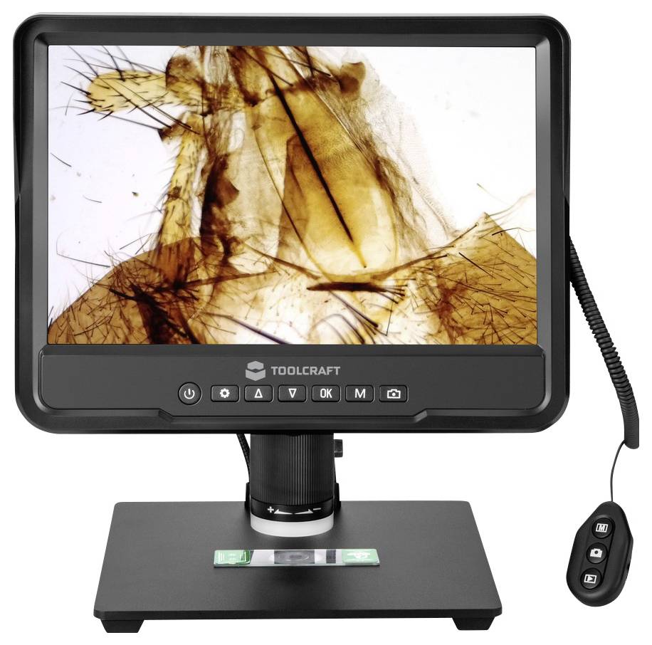 Digital microscope with LCD screen showing a magnified close-up of a brown object or insect fragment on a white background.