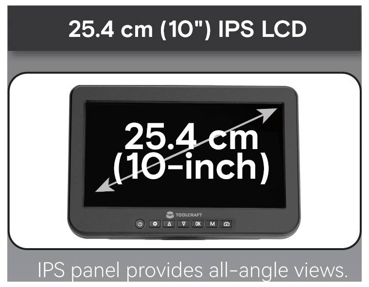 Product image of a 25.4 cm (10-inch) IPS LCD monitor, showing all-angle viewing on the screen.