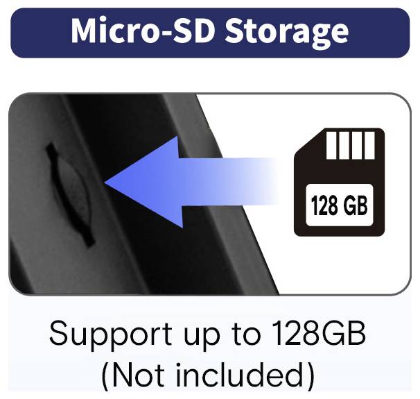 Micro-SD storage support up to 128GB; memory card not included.