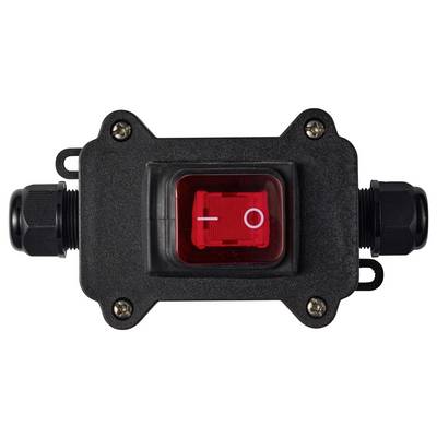 Black inline electrical switch with red illuminated rocker, mounted in a rectangular waterproof housing with cable glands on both sides.