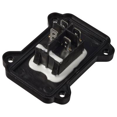 Black electrical connector module with four metal terminals mounted on a white insulated base and black plastic housing.