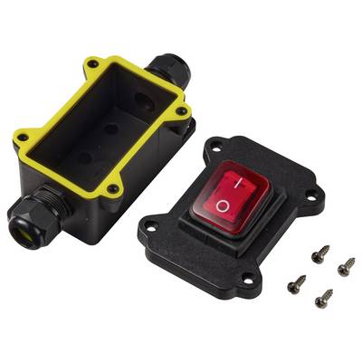 Open black electrical junction box with yellow gasket and matching red illuminated rocker switch cover, shown with mounting screws.