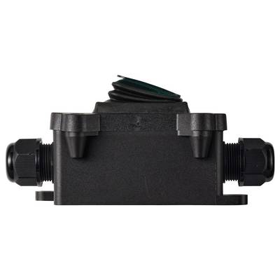 Black rectangular electrical junction box with cable glands on both sides and a ribbed top cover against a white background.