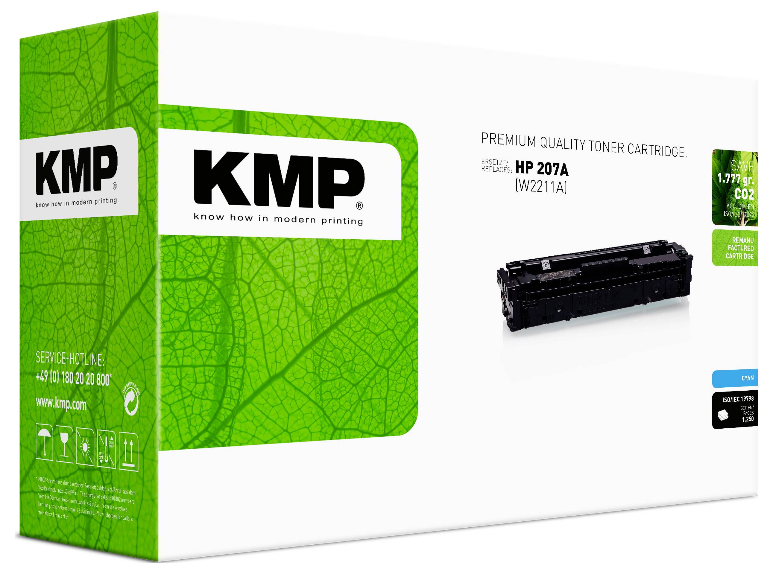 KMP premium quality toner cartridge box for HP 207A, shown with green leaf-pattern packaging and a black toner cartridge image.