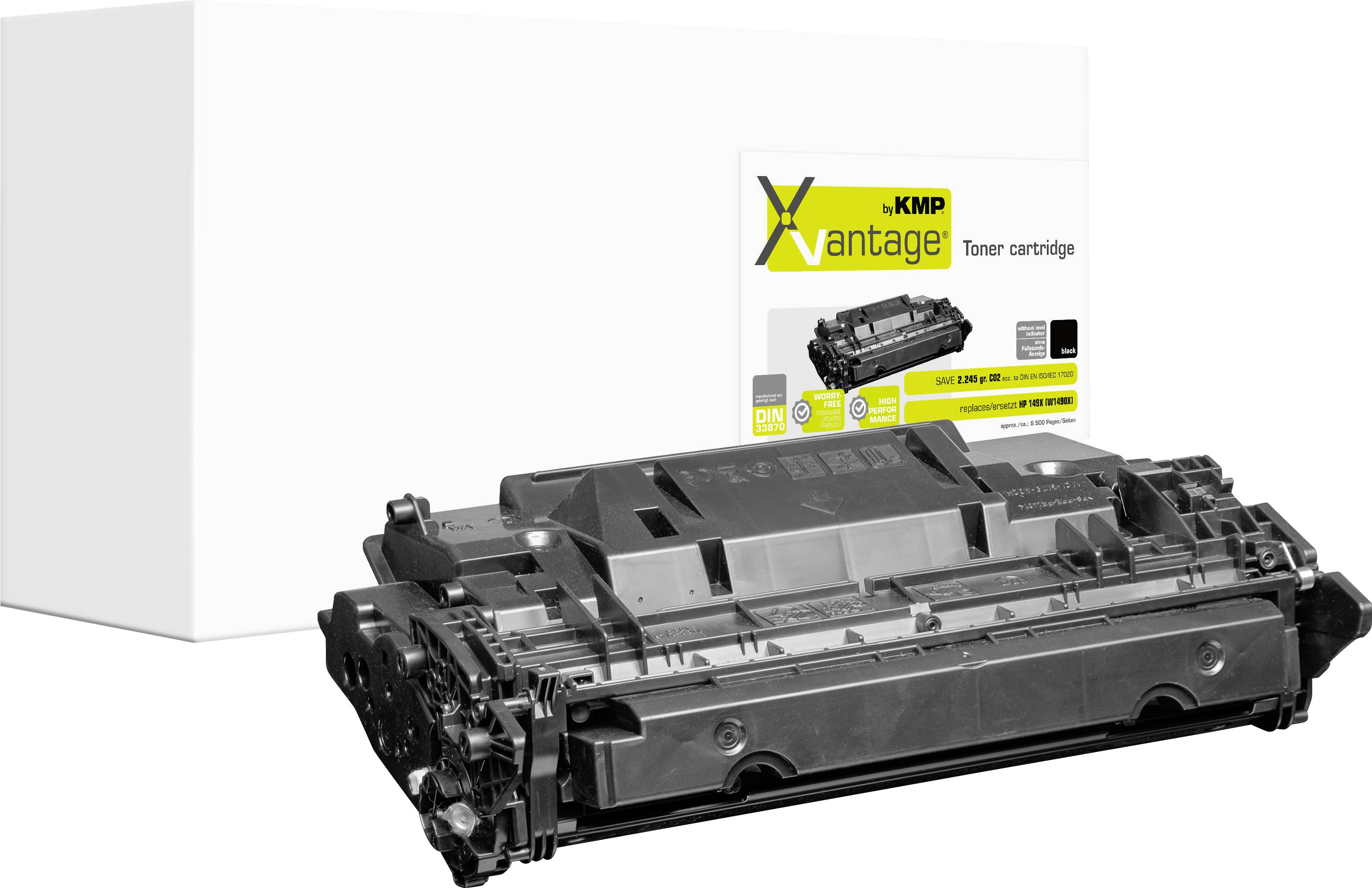 Black toner cartridge in front of a white KMP Vantage toner cartridge box, shown on a plain white background.