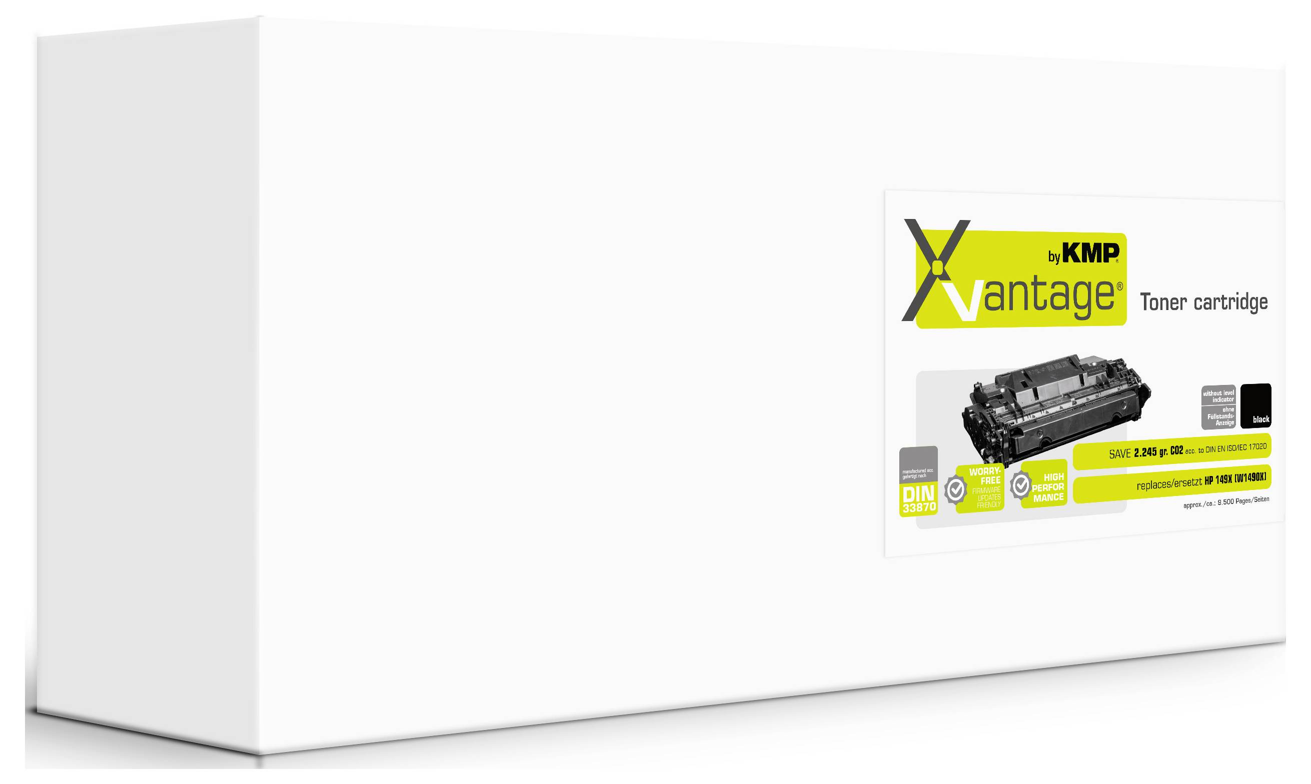 Plain white toner cartridge box with a small KMP Vantage product label on the front showing the cartridge image and branding.<br>