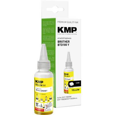 KMP yellow ink bottle and box for Brother BTD180 Y printers, labeled 'Premium Quality Ink' and 'Yellow'.