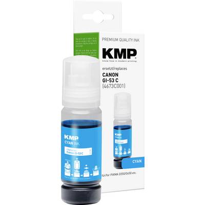 KMP cyan ink refill bottle and small cartridge, labeled 'Premium Quality Ink' and compatible with Canon GI-53 C/CLI-53 for PIXMA printers.