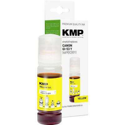 KMP yellow ink refill bottle and box for Canon GI-53Y, labeled 'Premium Quality Ink' and 'Yellow Ink' for PIXMA G550/G650 printers.