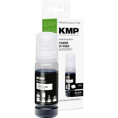 KMP black ink bottle and box, labeled premium quality ink, erzetzt/replaces Canon GI-55BK (6292C001) for Maxify GX1050/GX2050 etc.