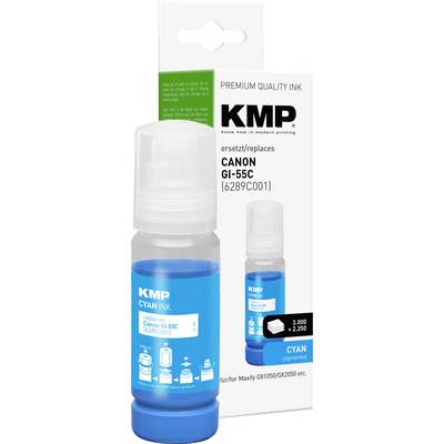 KMP cyan ink refill bottle and box for Canon GI-55C printers, labeled 'Premium Quality Ink' and 'esetz/replaces CANON GI-55C'.