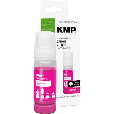 Packaging for KMP magenta replacement ink for Canon GI-55M printers, showing a pink ink bottle and the product box labeled 'PREMIUM QUALITY INK' and 'KMP'.