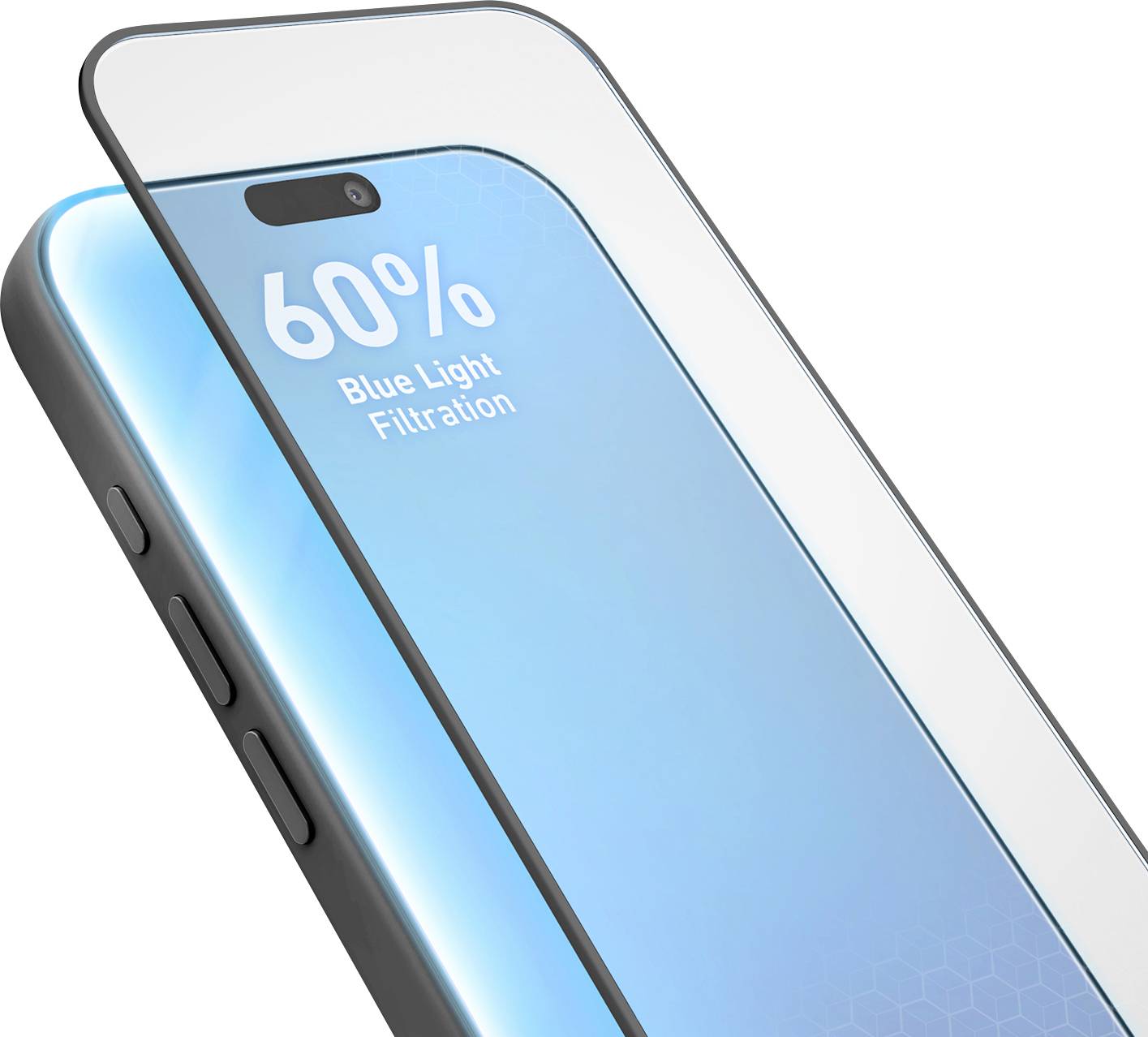 Close-up of a smartphone screen showing '60% Blue Light Filtration' on a blue display, suggesting an eye-protection screen feature.