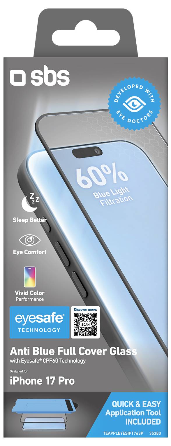 Packaging for SBS eyesafe anti blue full cover glass screen protector for iPhone 17 Pro, highlighting 60% blue light filtration, sleep better and eye comfort.
