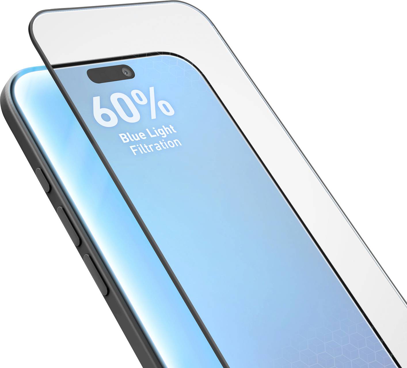 Smartphone screen protector shown over a phone, labeled '60% Blue Light Filtration' to indicate eye-strain reduction.